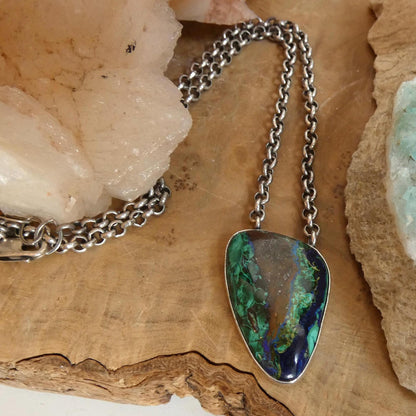 Azurite Malachite Pendant Necklace - Chunky Sterling Silver - Choose your Men's Necklace