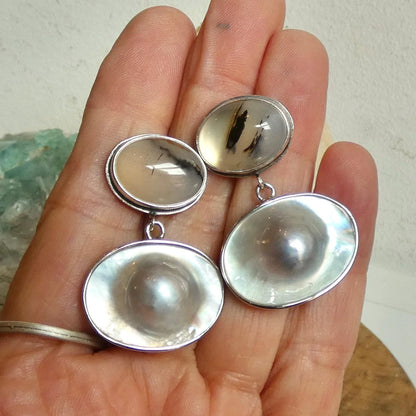 Montana Agate & Blister Pearl Earrings - .925 Sterling Silver