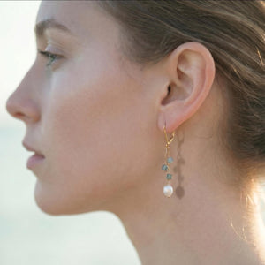 Dainty Aquamarine and Pearl Dangle Earrings - 14K Gold Filled Leverbacks