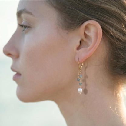 Dainty Aquamarine and Pearl Dangle Earrings - 14K Gold Filled Leverbacks
