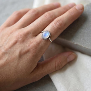 Dainty Rainbow Moonstone Ring Size 8 1/2 – Sterling Silver Delica Design
