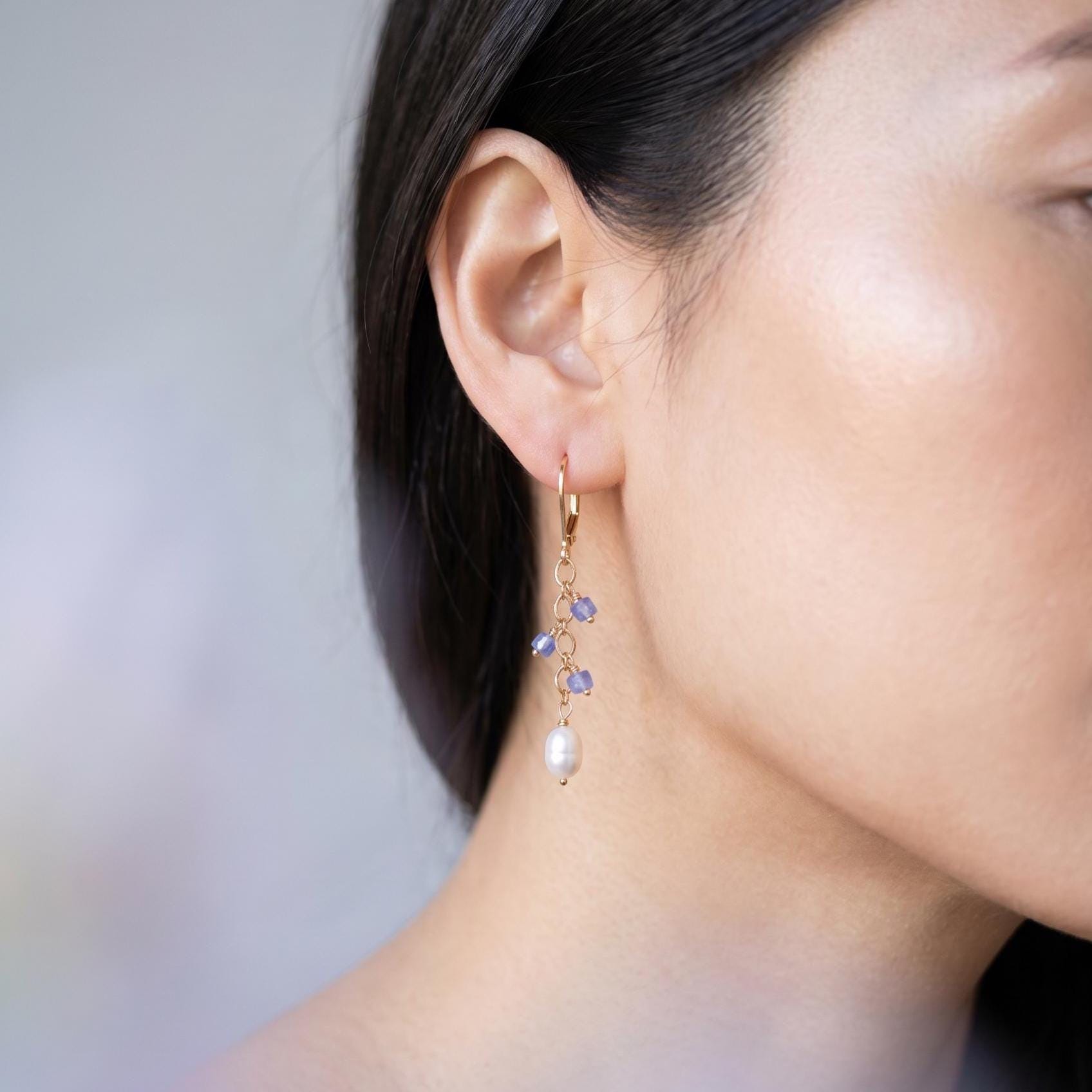 Tanzanite and Pearl Dangle Earrings - 14K Gold Filled Leverbacks