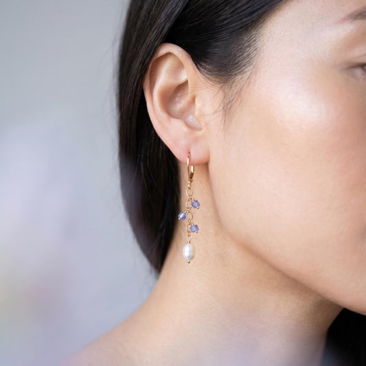 Tanzanite and Pearl Dangle Earrings - 14K Gold Filled Leverbacks