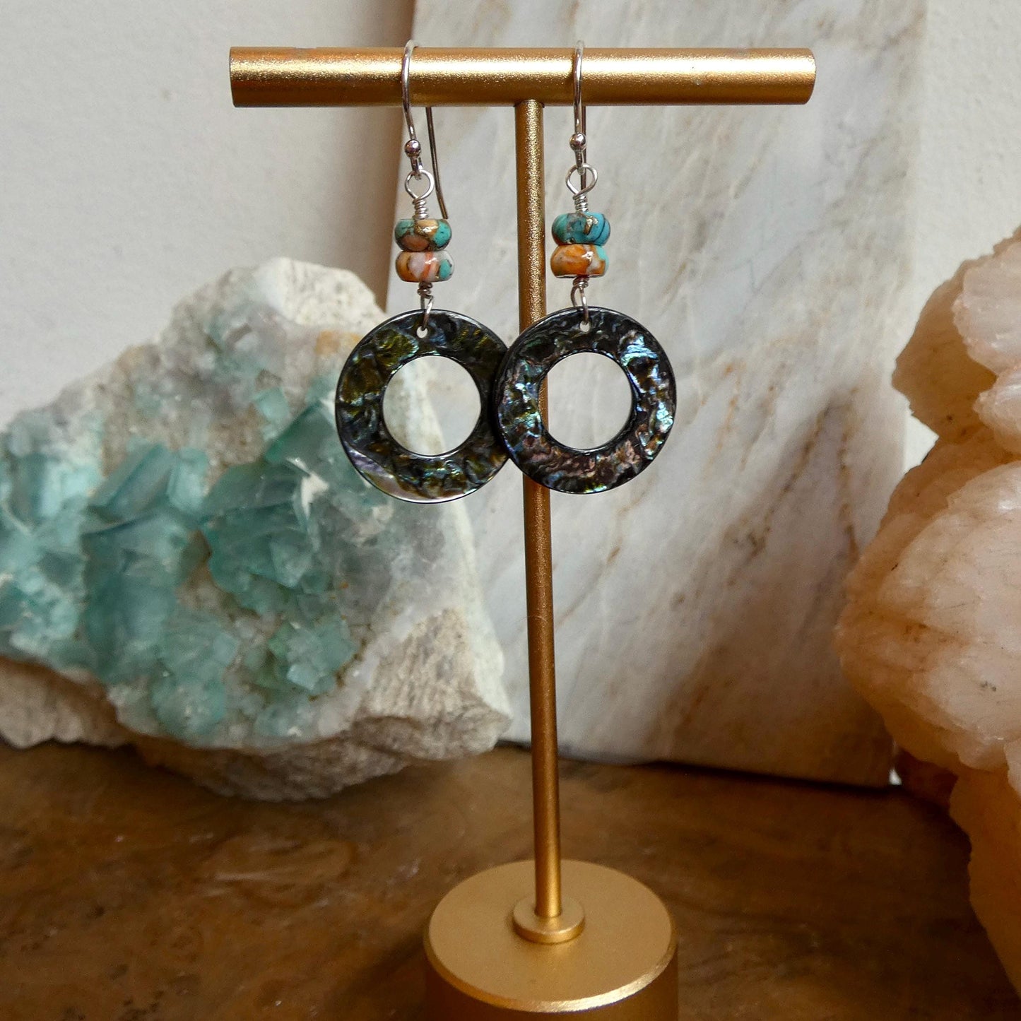 Spiny Oyster Turquoise and Abalone Earrings- .925 Sterling Silver
