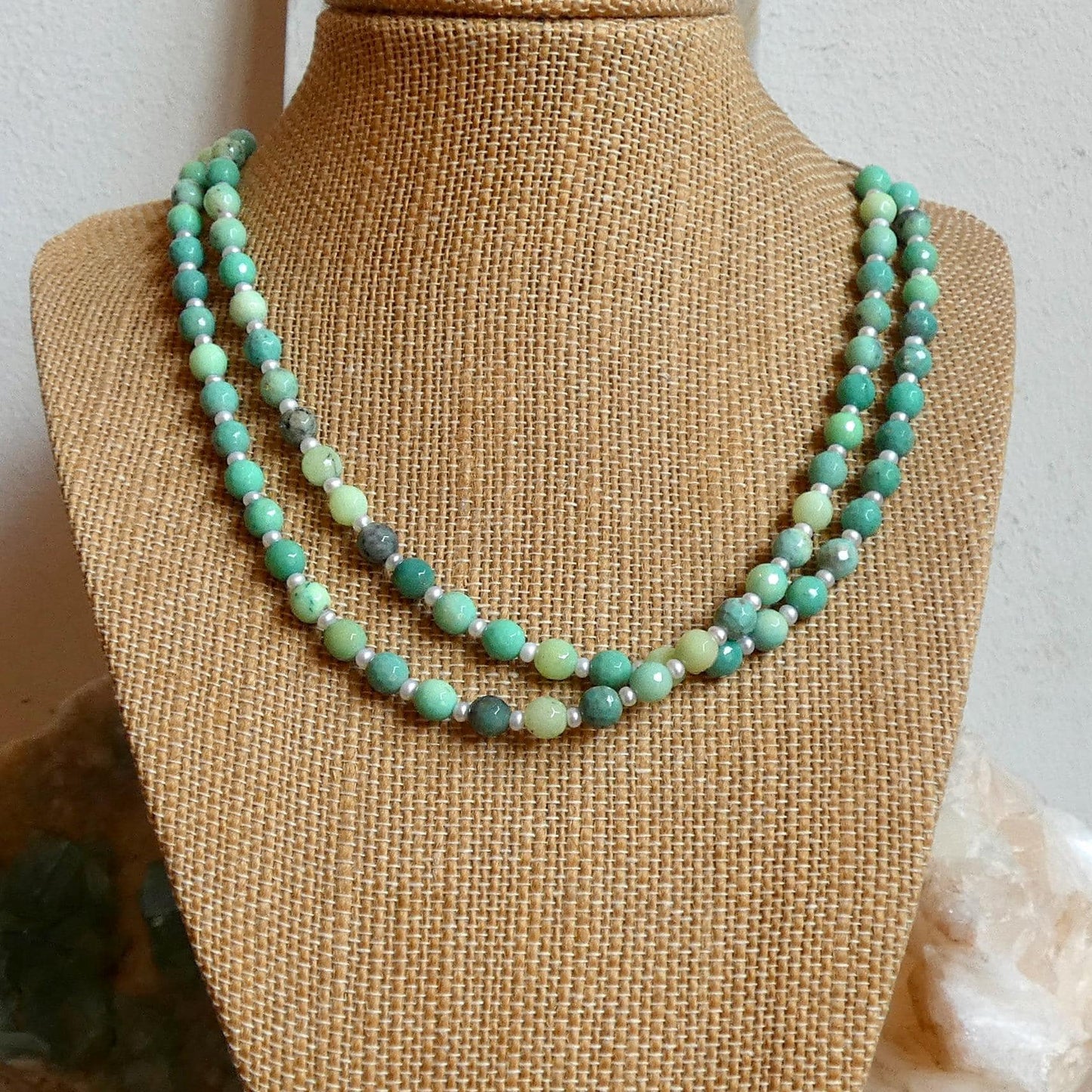 Chrysoprase Double Strand Necklace - .925 Sterling Silver - Green Chrysoprase Jewelry