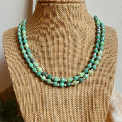 Chrysoprase Double Strand Necklace - .925 Sterling Silver - Green Chrysoprase Jewelry