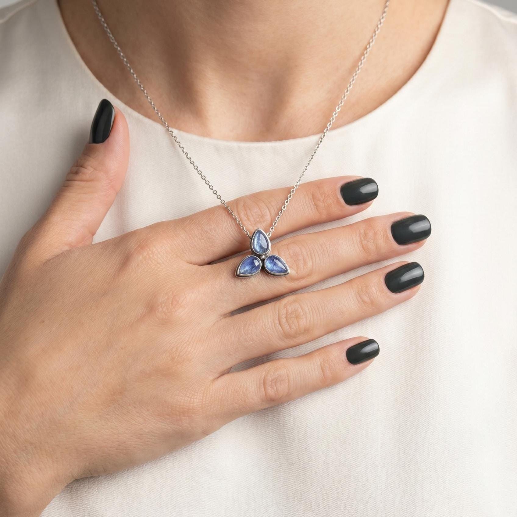 Blue Kyanite Star Flower Necklace - 3-Stone Kyanite Pendant - Sterling Silver
