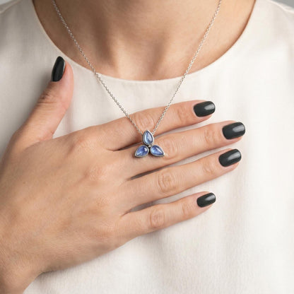 Blue Kyanite Star Flower Necklace - 3-Stone Kyanite Pendant - Sterling Silver