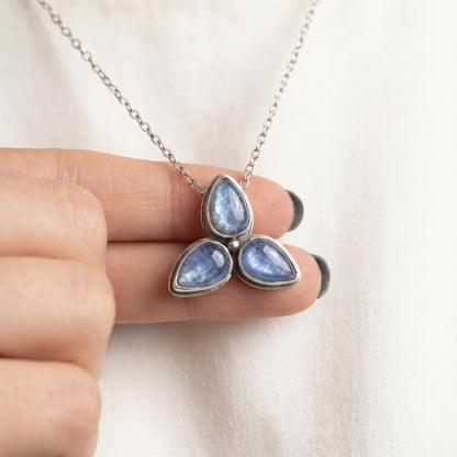 Blue Kyanite Star Flower Necklace - 3-Stone Kyanite Pendant - Sterling Silver
