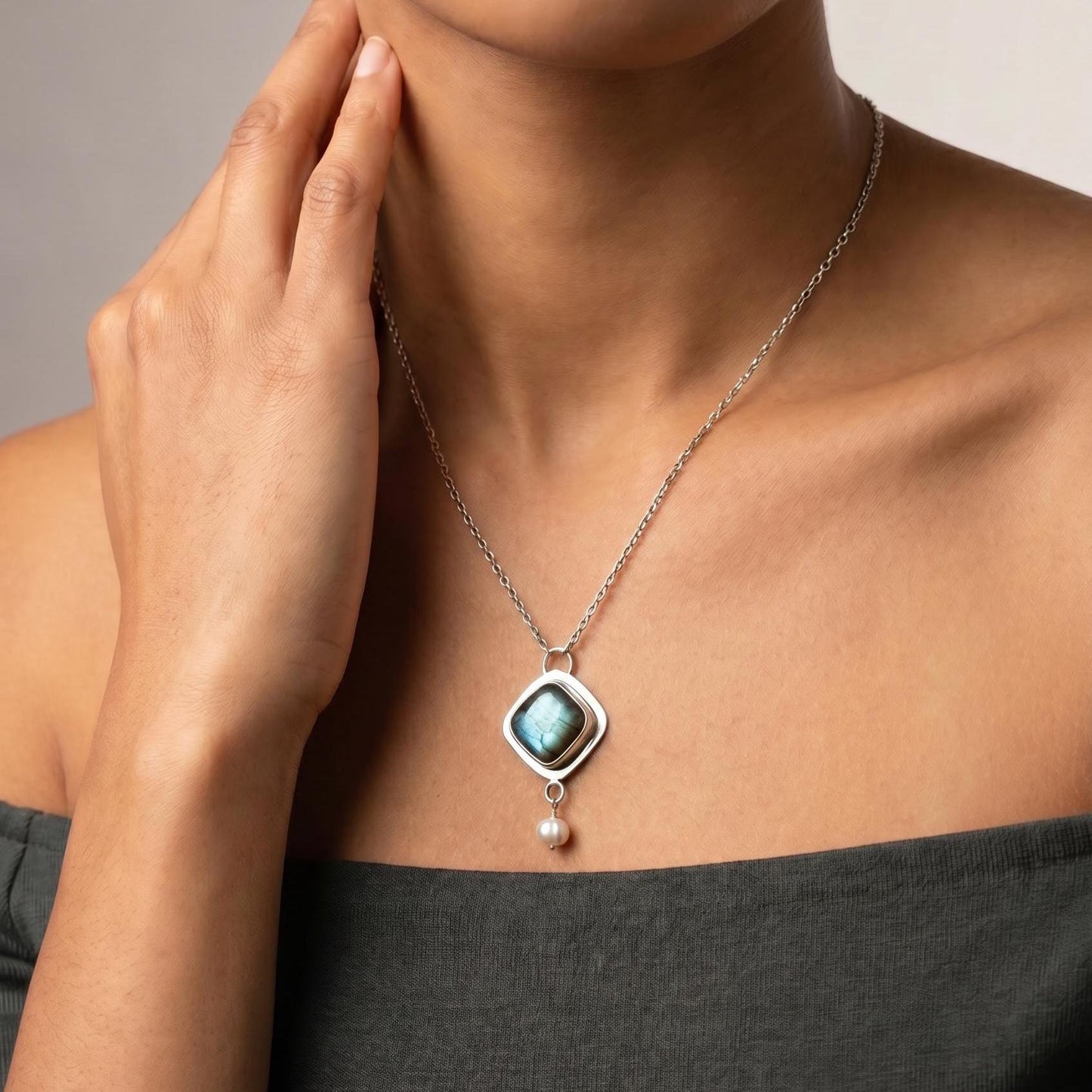 Labradorite Freshwater Pearl Necklace - Sterling Silver Chain Included