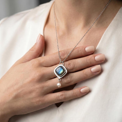 Labradorite Freshwater Pearl Necklace - Sterling Silver Chain Included