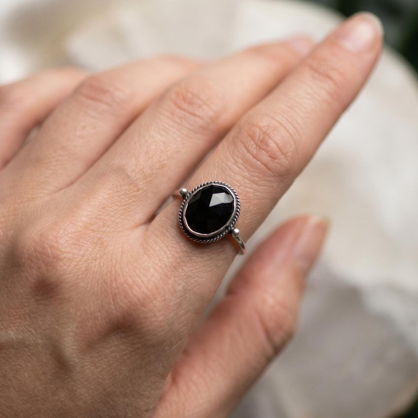 Rose Cut Black Onyx Sterling Silver Ring - Dainty Silversmith Design