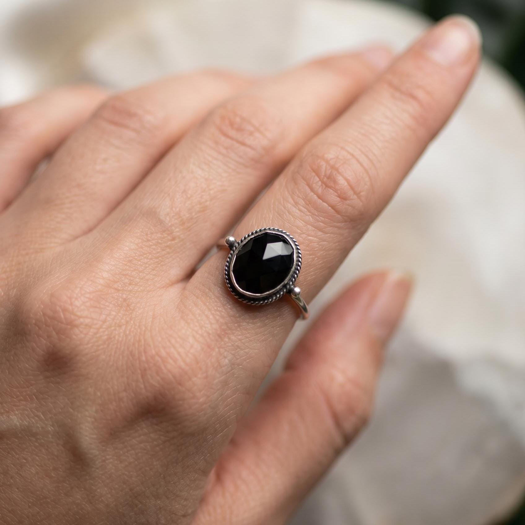 Rose Cut Black Onyx Sterling Silver Ring - Dainty Silversmith Design