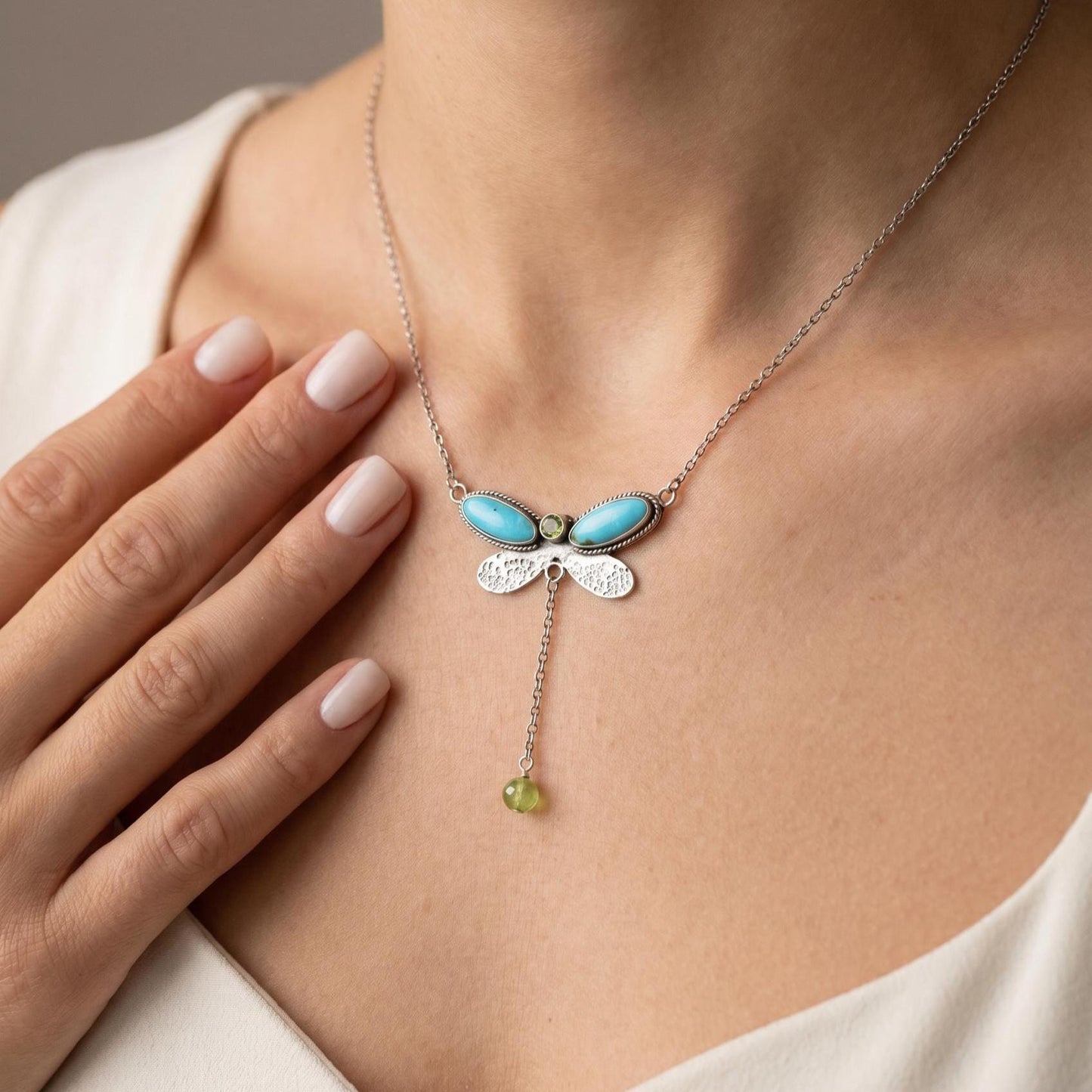 Turquoise Peridot Dragonfly Choker – Sterling Silver Multi-Stone Necklace