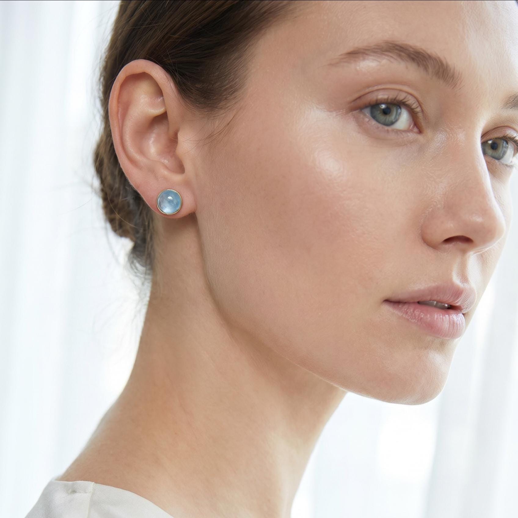 Aquamarine Stud Earrings – 14K Gold Bezel, Sterling Silver Posts