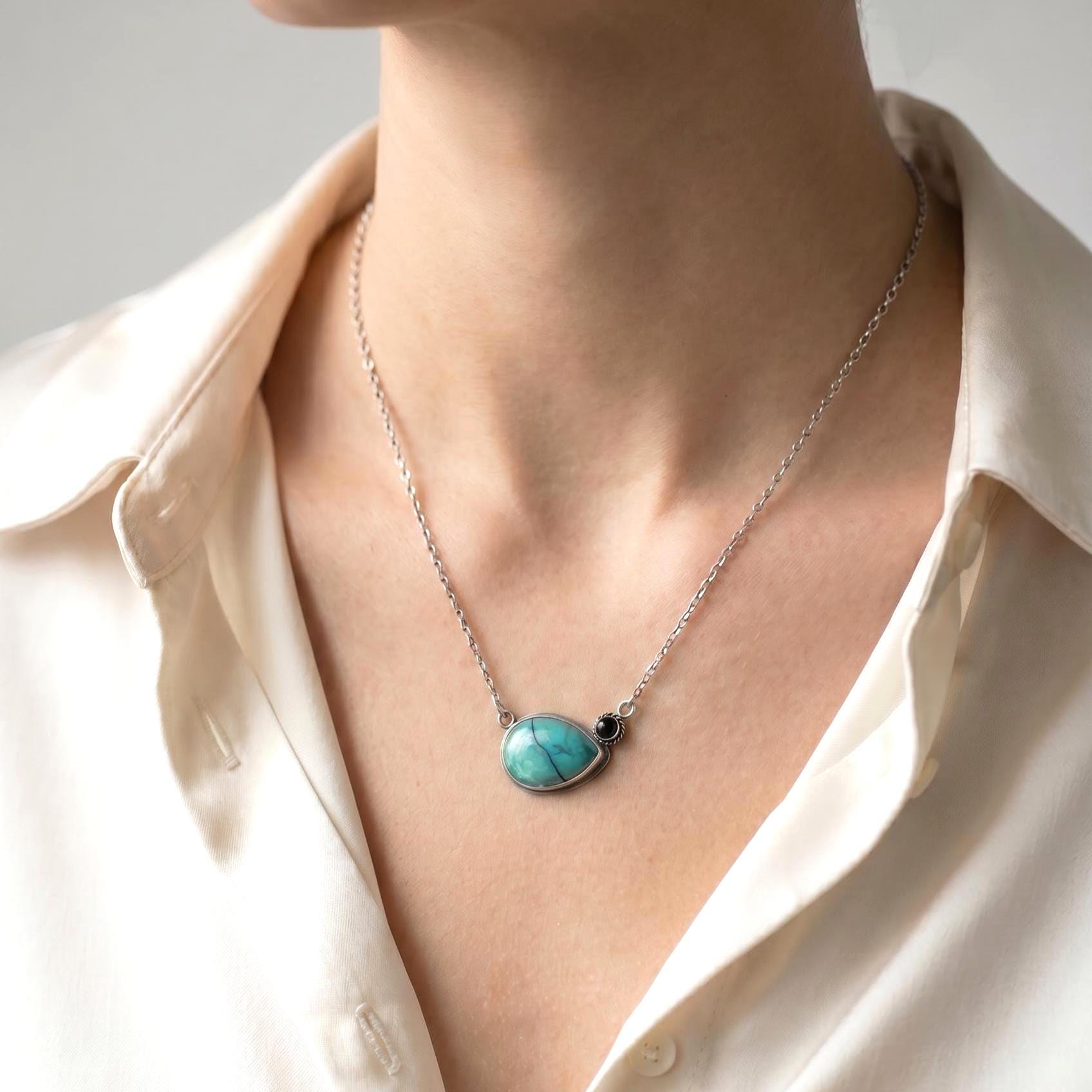 Turquoise & Black Agate Necklace - Choose Your Stone - .925 Sterling Silver