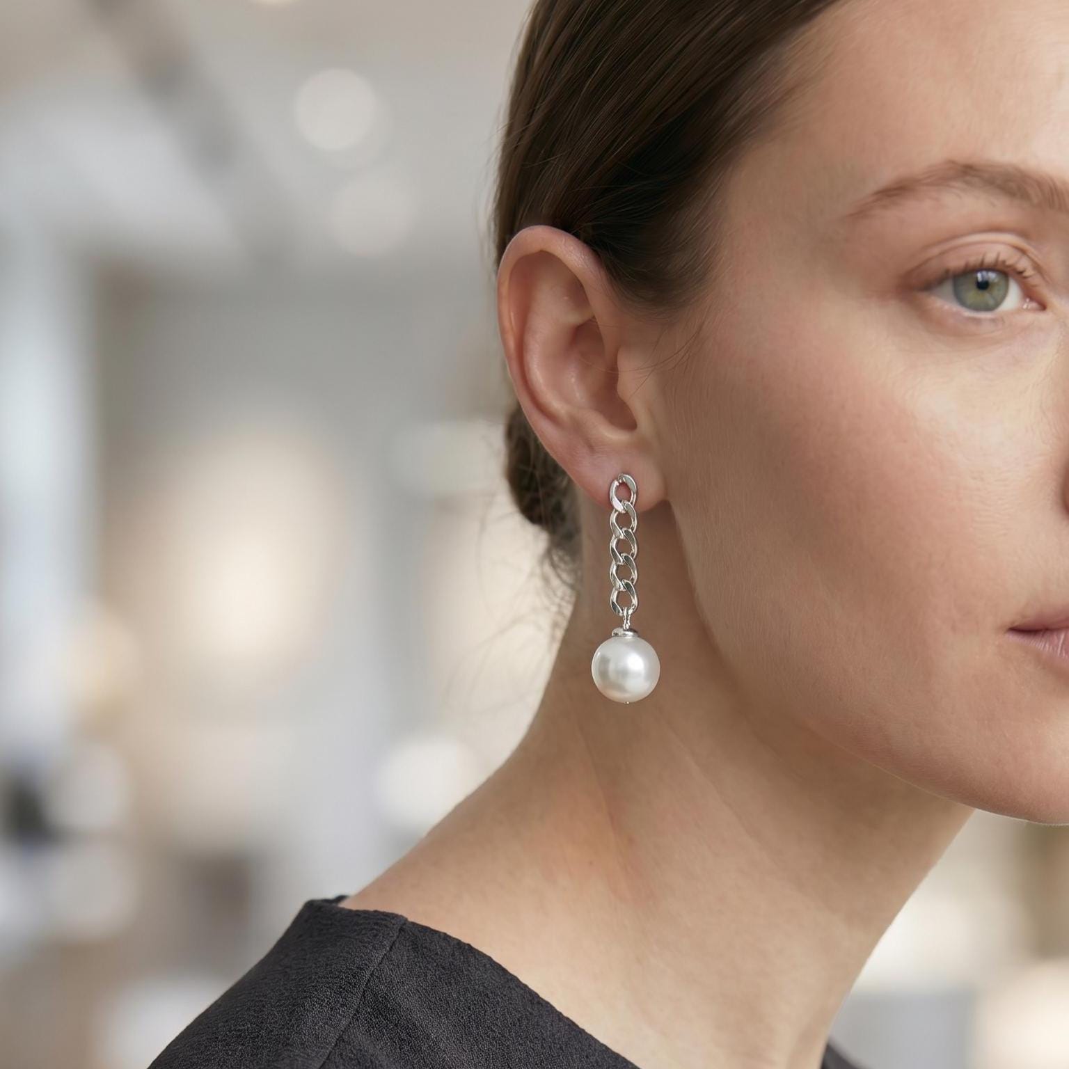 Chunky Pearl Chain Earrings - Sterling Silver Posts - Freshwater Pearls