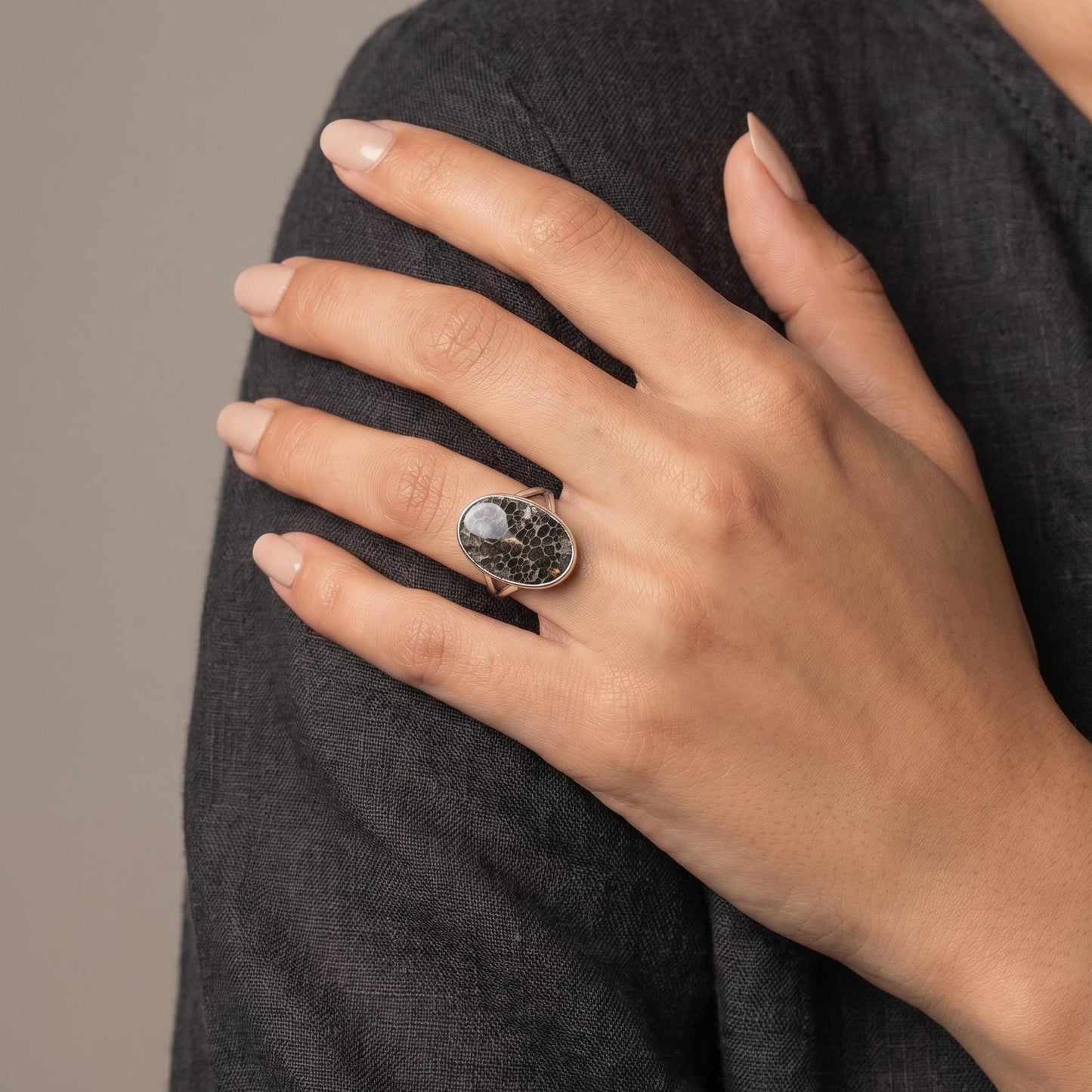 Choose Your Black Fossil Coral Ring - Sterling Silver Ring