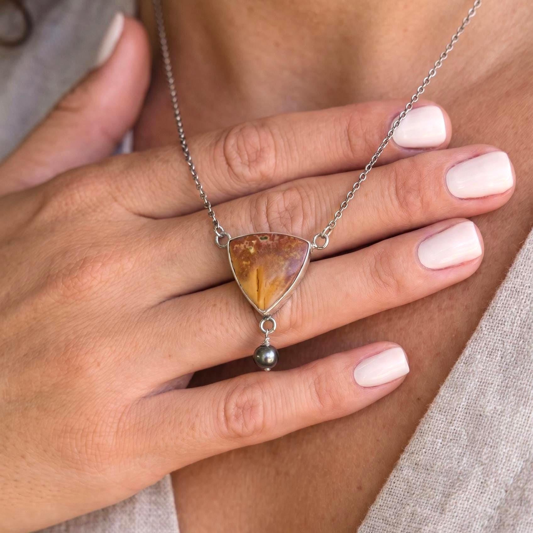 Red Creek Jasper Y Necklace – Sterling Silver, Freshwater Pearl