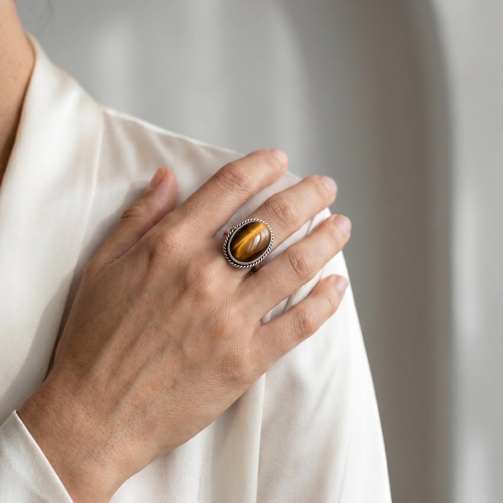 Boho Oval Tigers Eye Ring - .925 Sterling Silver