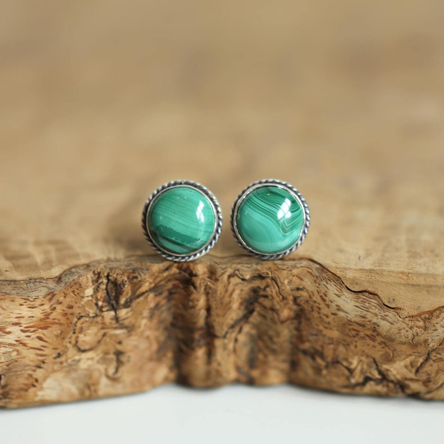 Sterling Silver Malachite Stud Earrings – Traditional Bezel Set
