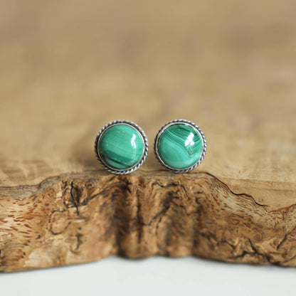 Sterling Silver Malachite Stud Earrings – Traditional Bezel Set