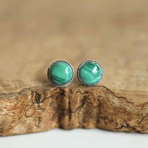 Sterling Silver Malachite Stud Earrings – Traditional Bezel Set