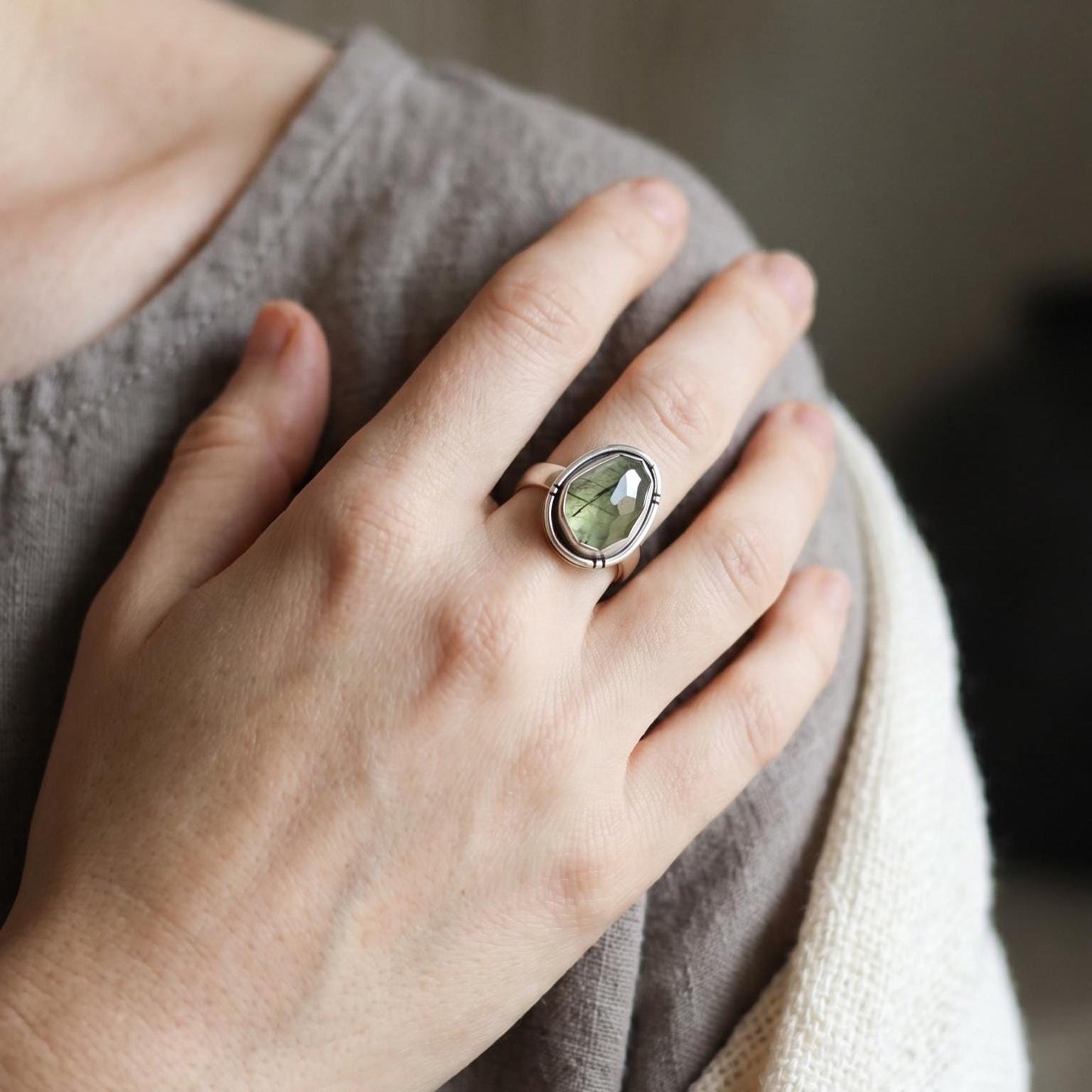 Handmade Sterling Silver Green Prehnite Ring – Chunky Boho Design