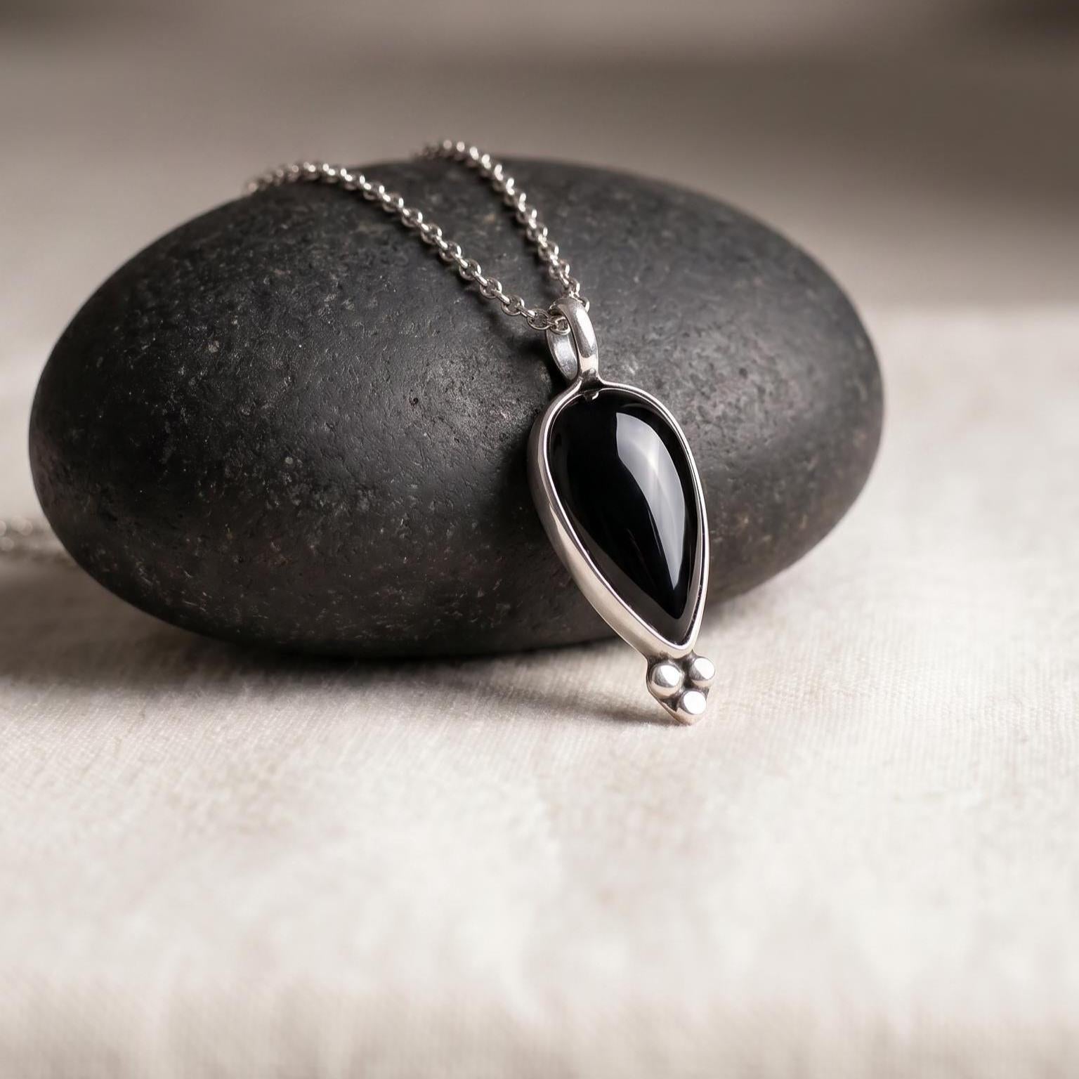 Black Agate Pear Pendant – Sterling Silver Silversmith Necklace