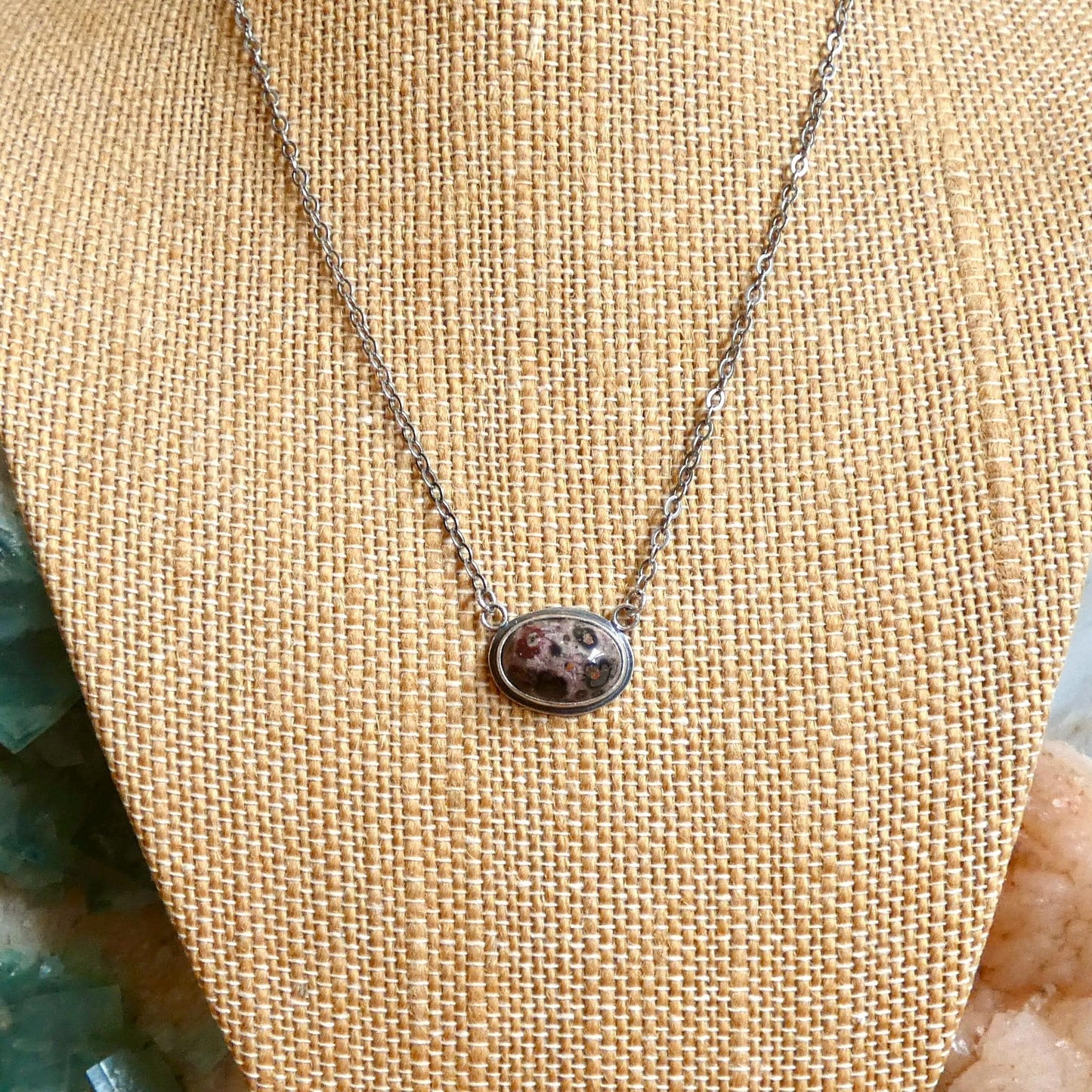 Leopard Skin Jasper East West Oval Pendant - .925 Sterling Silver Necklace