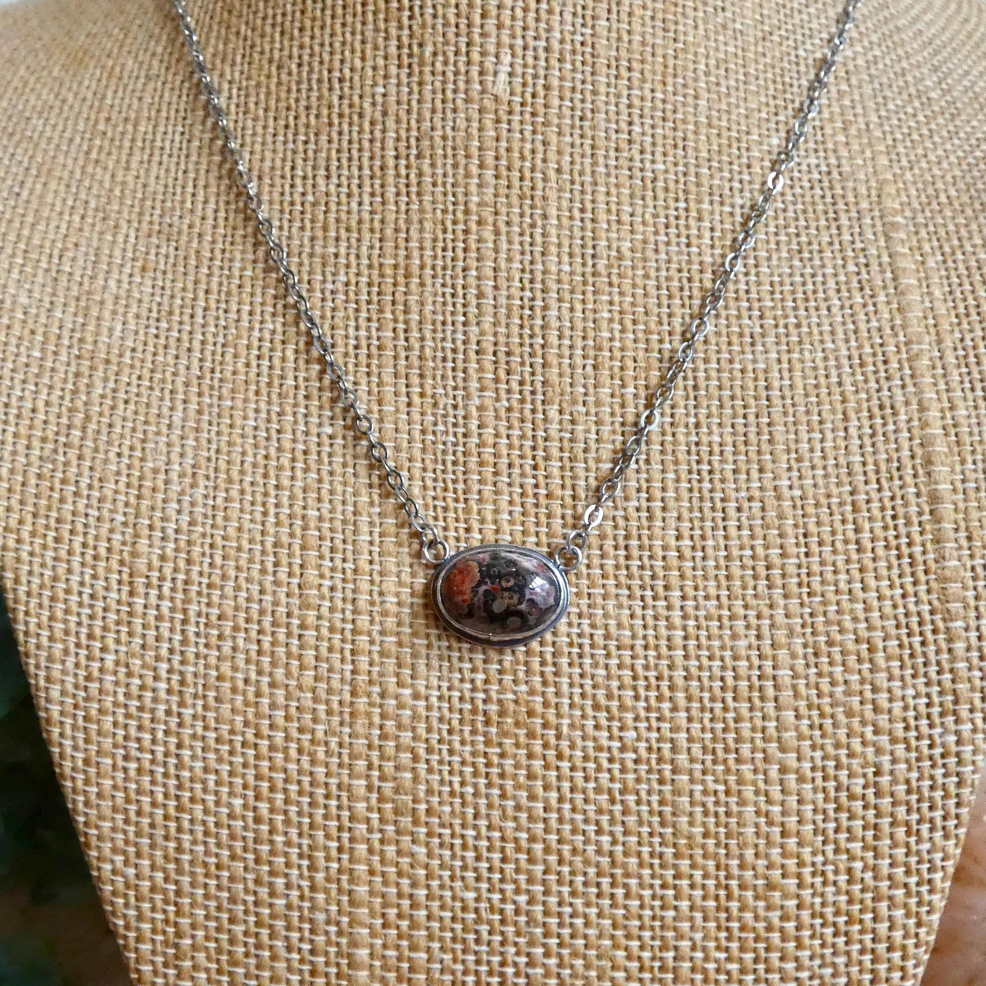 Leopard Skin Jasper East West Oval Pendant - .925 Sterling Silver Necklace