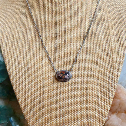 Leopard Skin Jasper East West Oval Pendant - .925 Sterling Silver Necklace