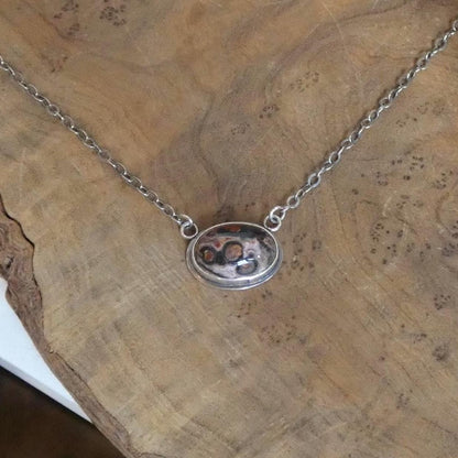 Leopard Skin Jasper East West Oval Pendant - .925 Sterling Silver Necklace