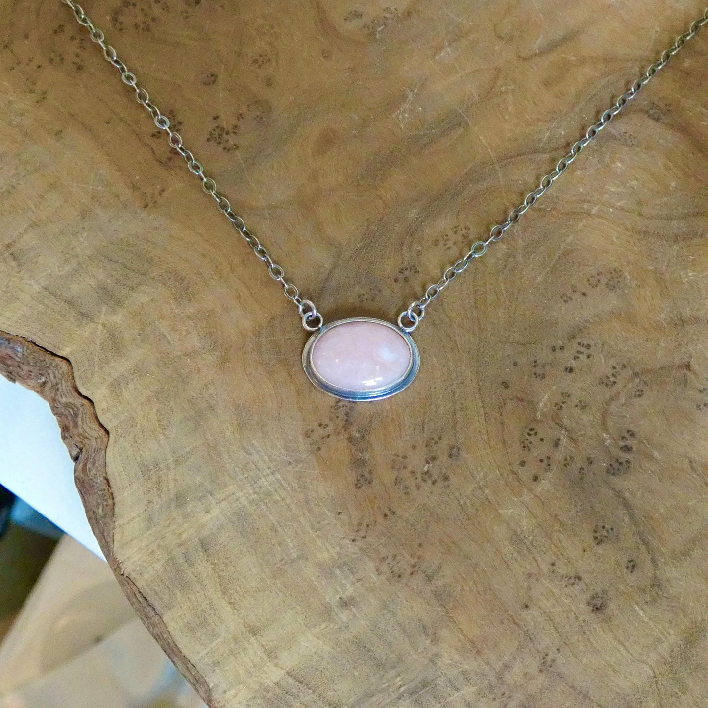 Pink Opal East West Pendant Necklace - Sterling Silver