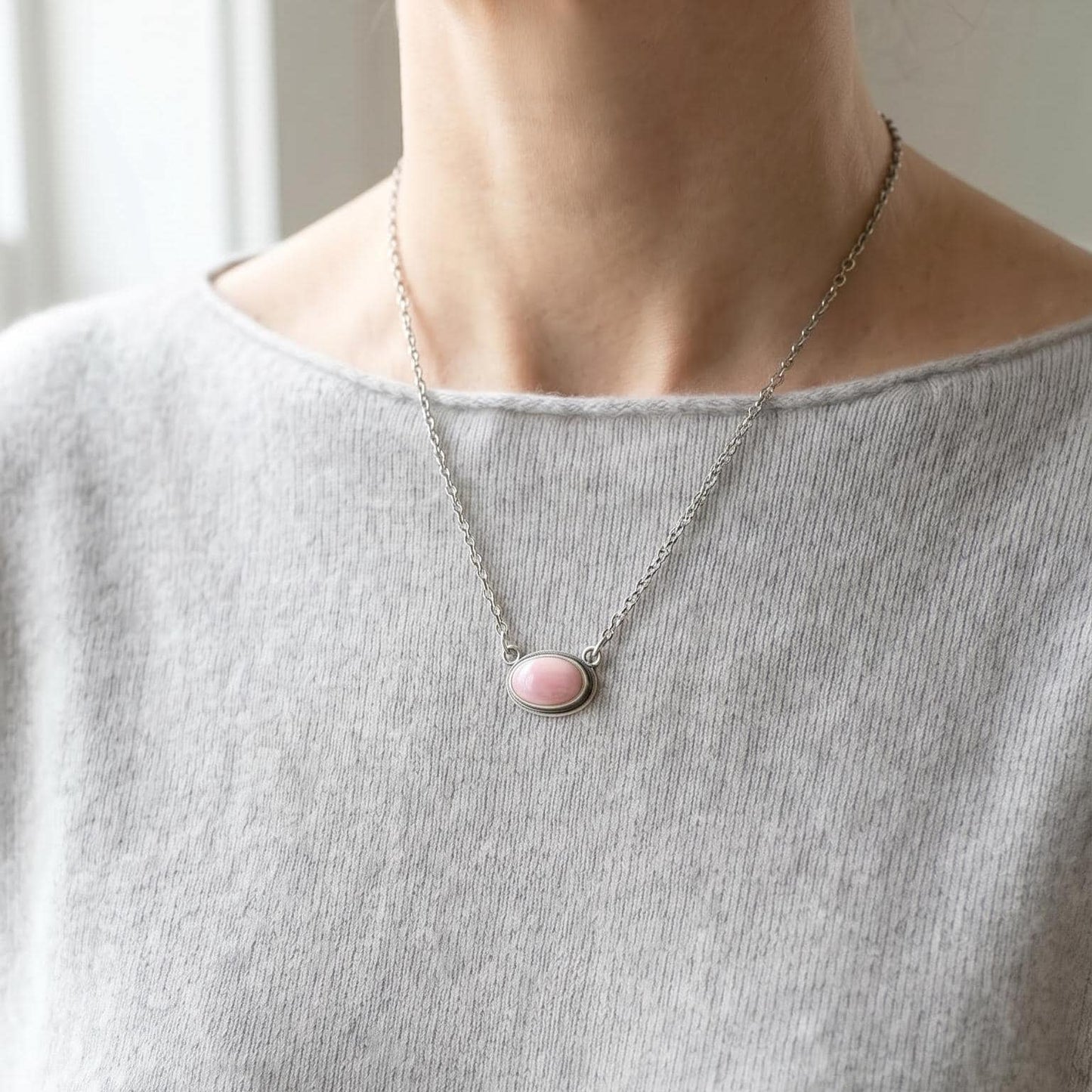 Pink Opal East West Pendant Necklace - Sterling Silver