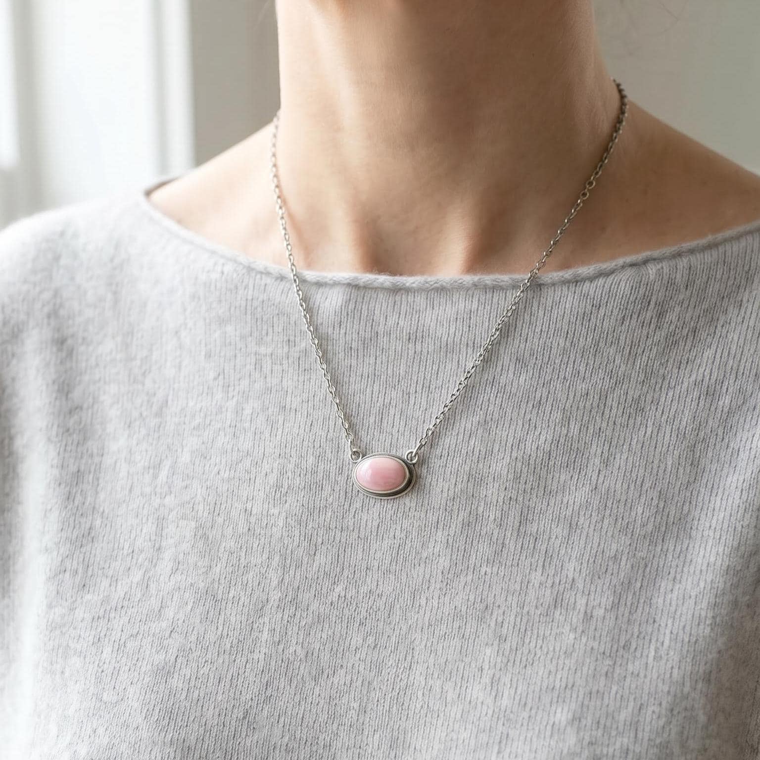 Pink Opal East West Pendant Necklace - Sterling Silver