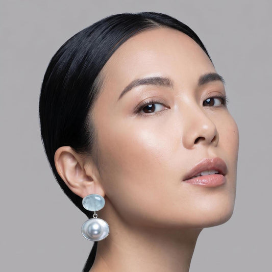 Morganite and Mabe Pearl Drop Earrings - Sterling Silver Aquamarine