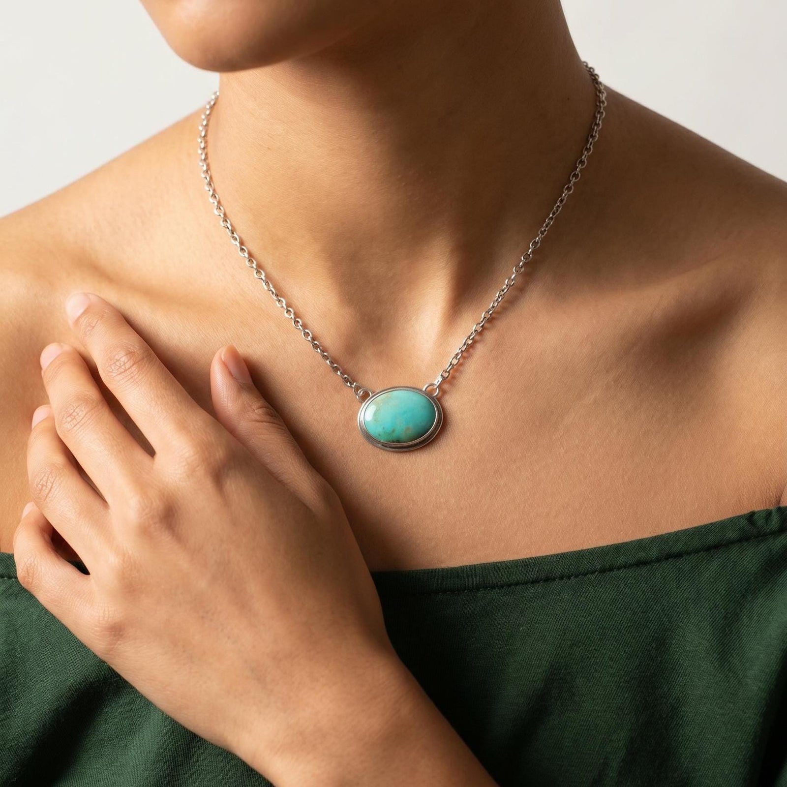 Oval Turquoise Pendant Necklace – Sterling Silver Boho Chain