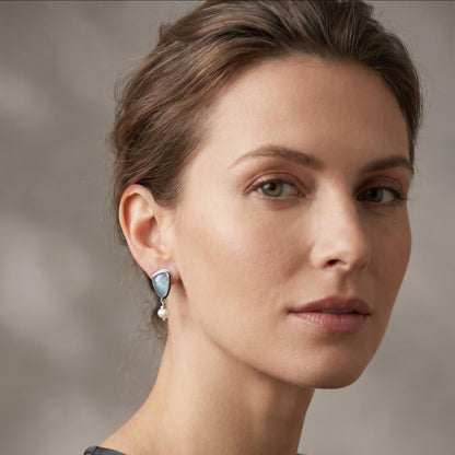 Aquamarine Posts - Faceted Aquamarine Earrings - Freshwater Pearls - .925 Sterling Silver