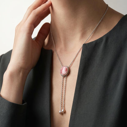 Pink Rhodochrosite Bolo Necklace - Sterling Silver Y Necklace