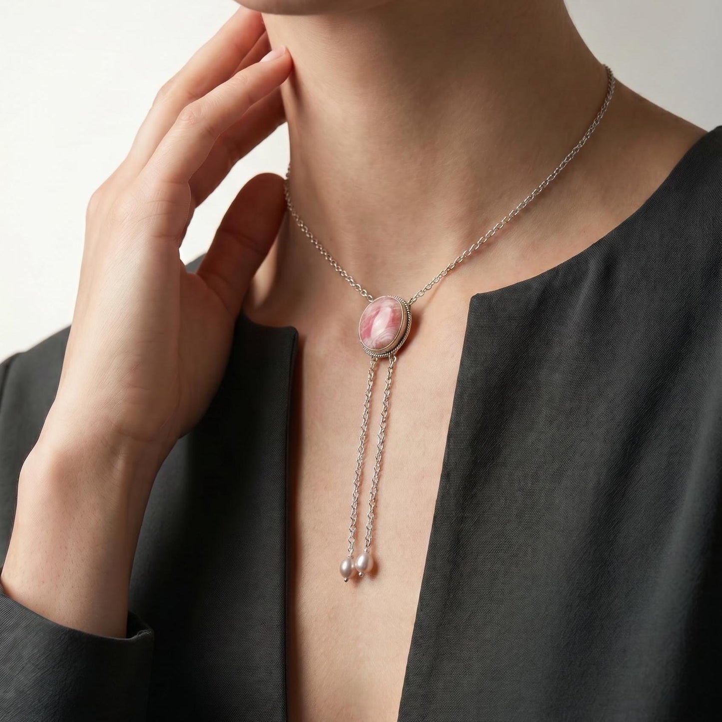 Pink Rhodochrosite Bolo Necklace - Sterling Silver Y Necklace