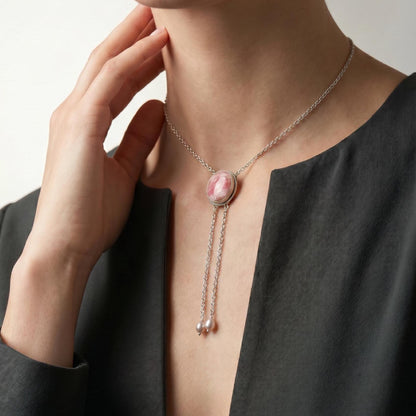 Pink Rhodochrosite Bolo Necklace - Sterling Silver Y Necklace