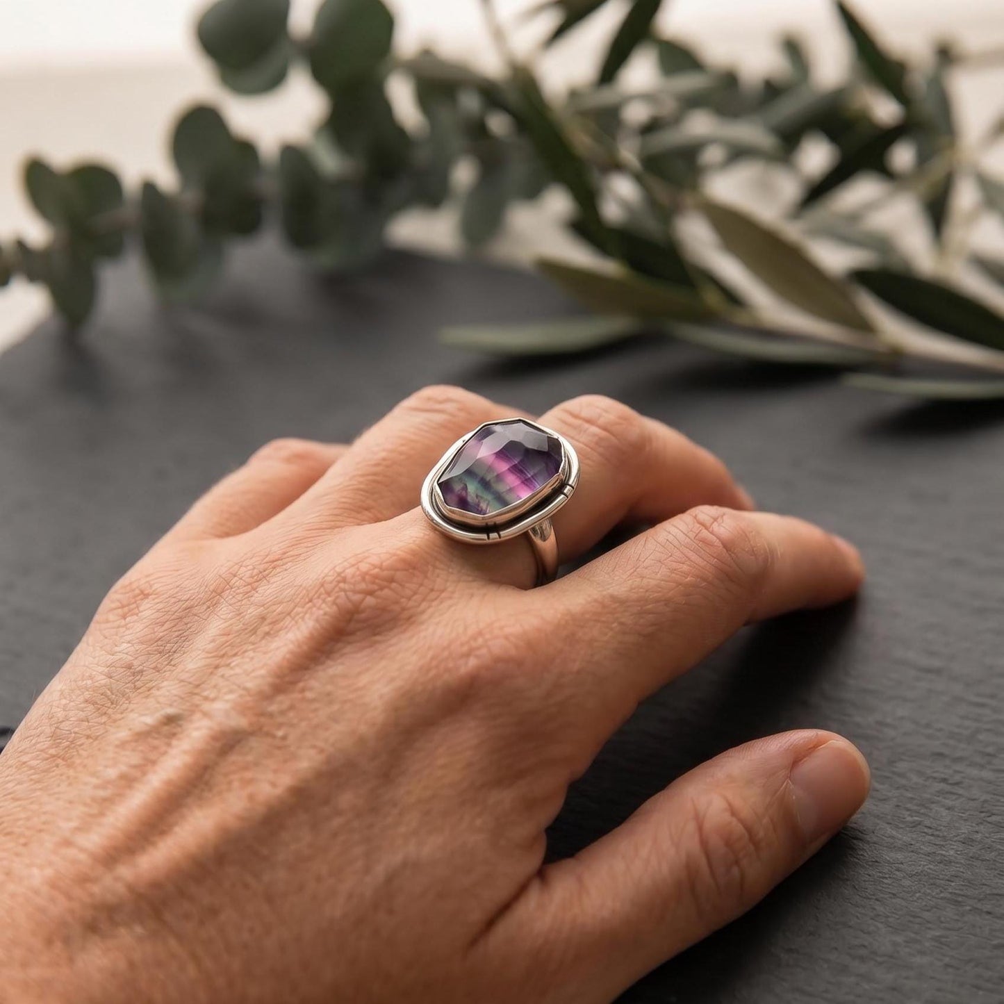 Rainbow Fluorite Boho Ring - .925 Sterling Silver - Chunky Multi-color Fluorite