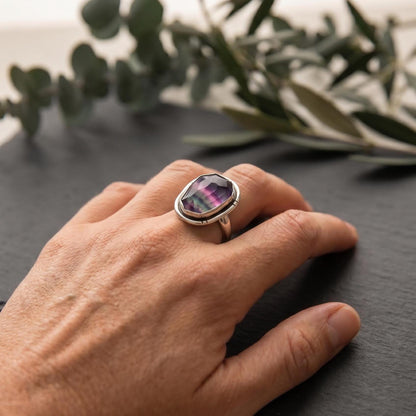 Rainbow Fluorite Boho Ring - .925 Sterling Silver - Chunky Multi-color Fluorite