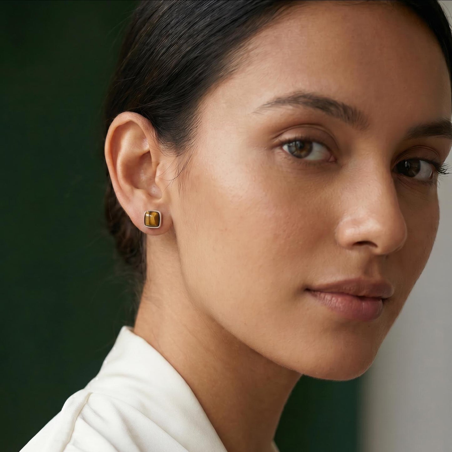 Sterling Silver Tigers Eye Studs – Minimalist Square Earrings