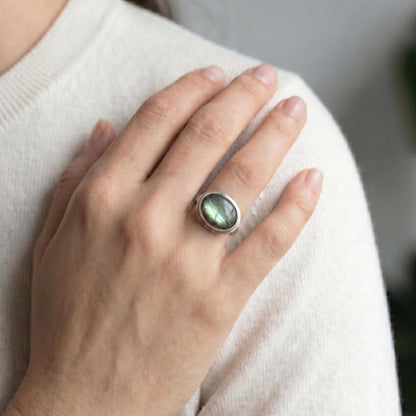 Flashy Labradorite Ring – Sterling Silver Oval, Silversmith Jewelry
