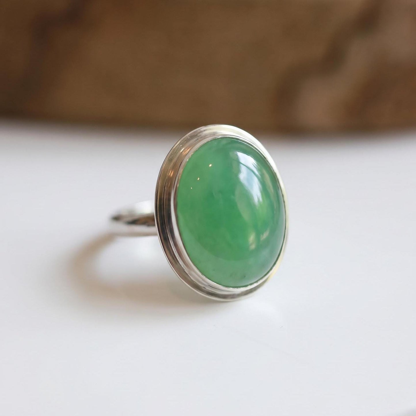 Green Jade Ring - East West Burma Jade - Sterling Silver