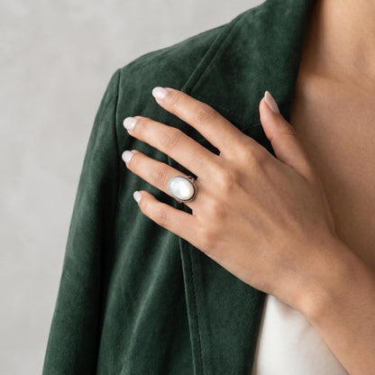 Mother of Pearl Boho Ring - White Nacre Ring - Sterling Silver