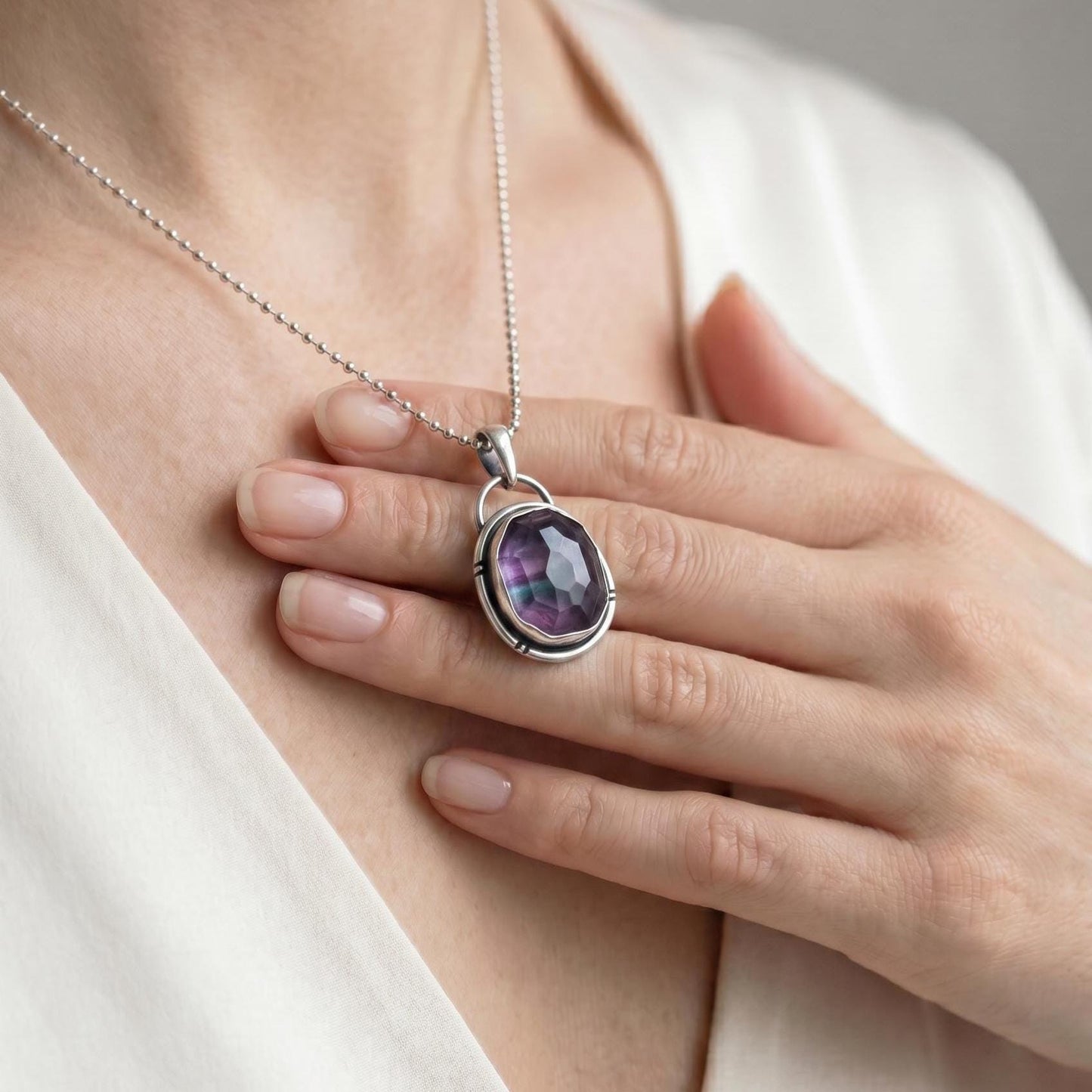 Custom Rose Cut Rainbow Fluorite Pendant – Sterling Silver Silversmith Jewelry