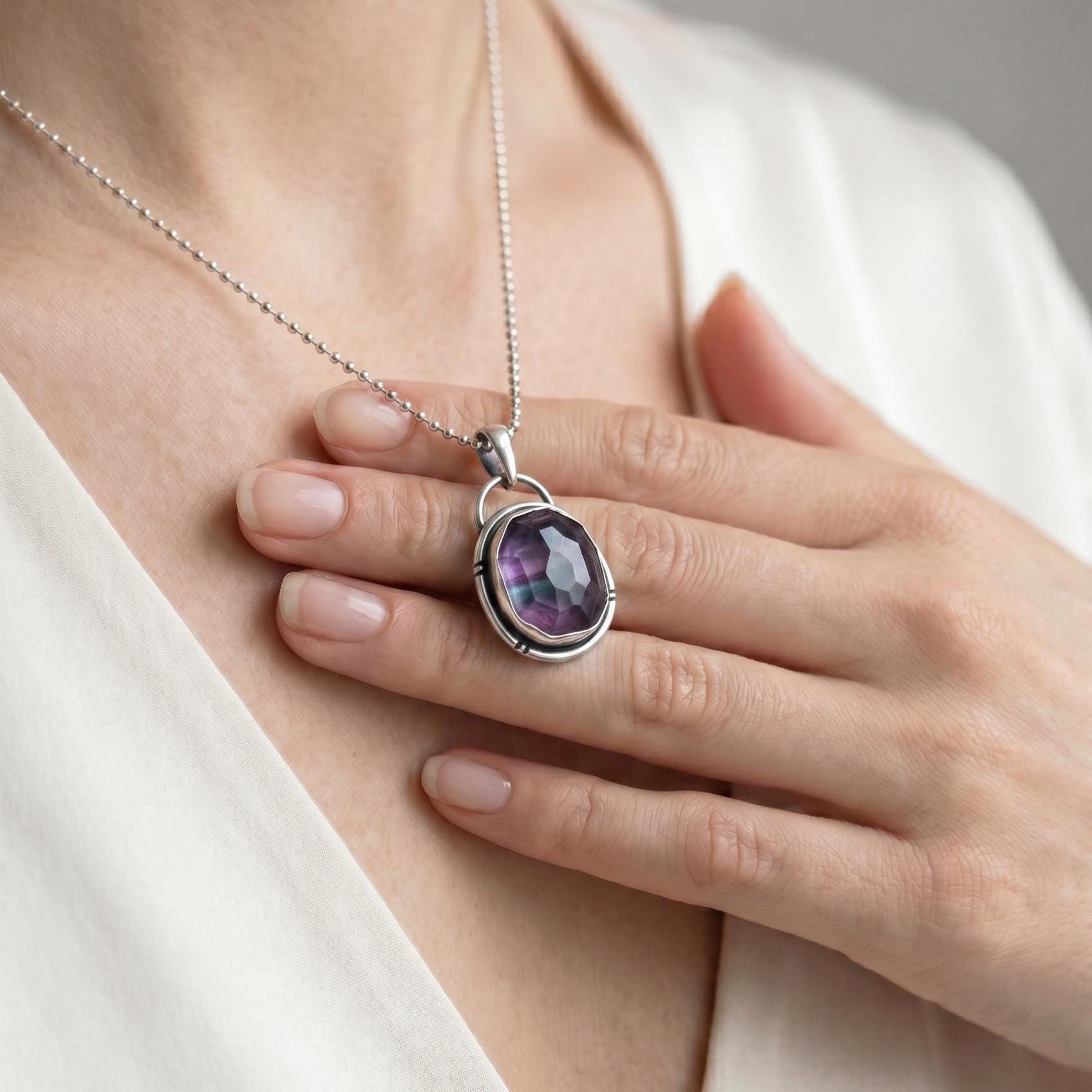 Custom Rose Cut Rainbow Fluorite Pendant – Sterling Silver Silversmith Jewelry